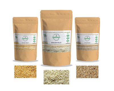 Aranyaka Millets Grain 1Kg Unpolished RAW Combo Pack of 3 [Little, Foxtail and Barnyard Millet]| RAW, Natural Farm Produce, Gluten Free, High Protein & Fibre Rich| Low GI-Diabetic Friendly (3 Kg Total)