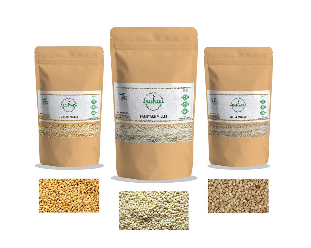 Aranyaka Millets Grain 1Kg Unpolished RAW Combo Pack of 3 [Little, Foxtail and Barnyard Millet]| RAW, Natural Farm Produce, Gluten Free, High Protein & Fibre Rich| Low GI-Diabetic Friendly (3 Kg Total)