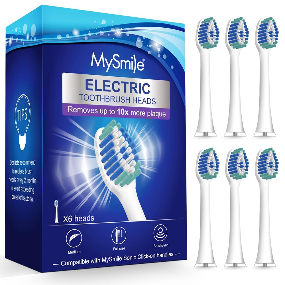 MySmile Electric Toothbrush Replacement Heads, 6 Packs (White)