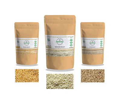 Aranyaka Millets Grain 500g Unpolished RAW Combo Pack of 3 [Little, Foxtail & Barnyard Millet]| RAW, Natural Farm Produce, Gluten free, High Protein & Fibre Rich| Low GI -Diabetic Friendly (1.50 Kg in Total)