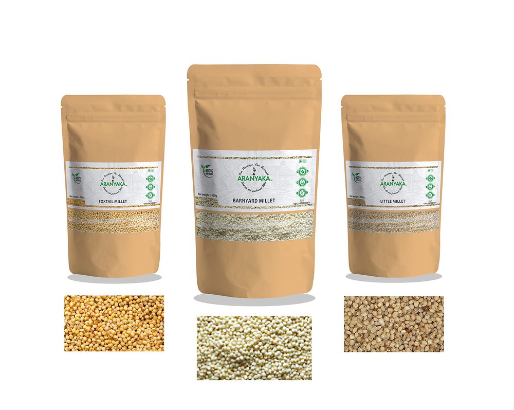 Aranyaka Millets Grain 500g Unpolished RAW Combo Pack of 3 [Little, Foxtail & Barnyard Millet]| RAW, Natural Farm Produce, Gluten free, High Protein & Fibre Rich| Low GI -Diabetic Friendly (1.50 Kg in Total)