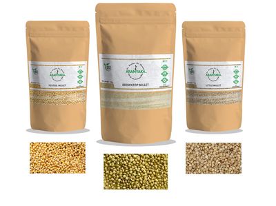 Aranyaka Millets Grain 1Kg Unpolished Combo Pack of 3 [Little, Foxtail and Browntop Millet]| Natural Farm Produce, Gluten Free, High Protein & Fibre Rich| Low GI-Diabetic Friendly (3 Kg Total)