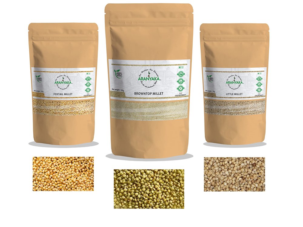 Aranyaka Millets Grain 1Kg Unpolished Combo Pack of 3 [Little, Foxtail and Browntop Millet]| Natural Farm Produce, Gluten Free, High Protein & Fibre Rich| Low GI-Diabetic Friendly (3 Kg Total)