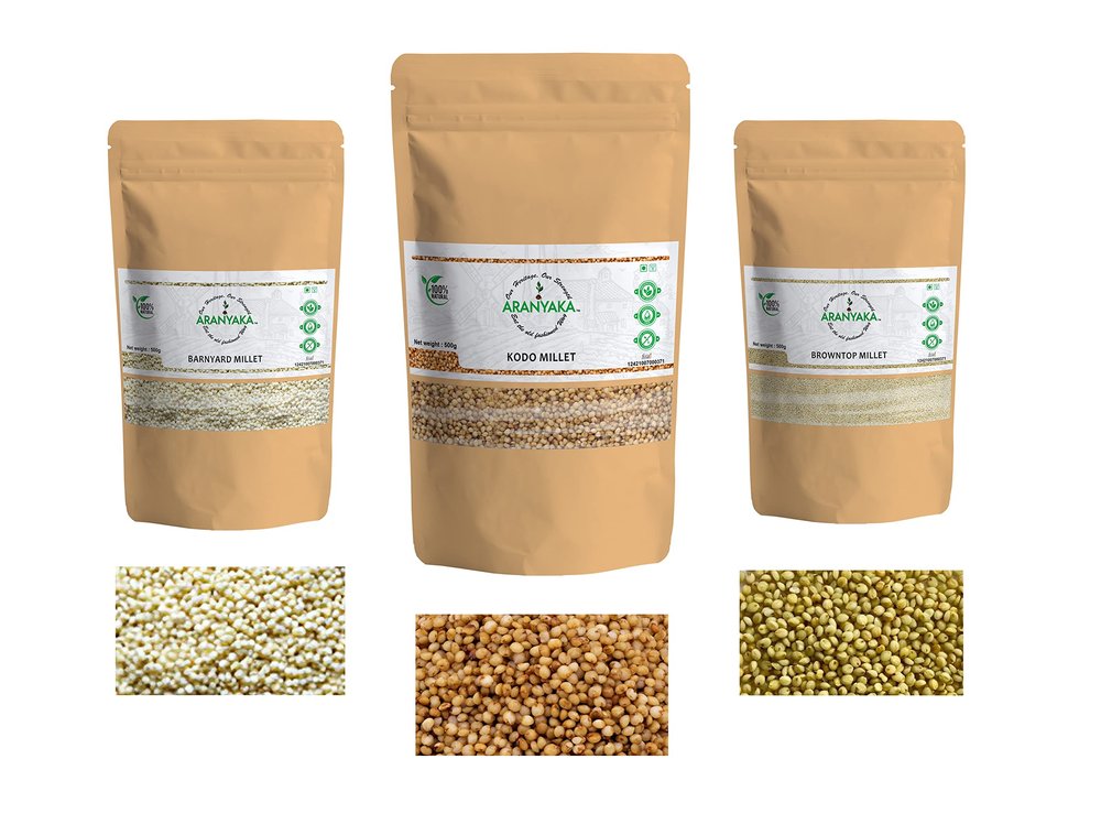 Aranyaka Millets Grain 500g Unpolished Combo Pack of 3 [Kodo, Barnyard & Browntop Millet]| Natural Farm Produce, Gluten free, High Protein & Fibre Rich| Low GI -Diabetic Friendly (1.50 Kg in Total)