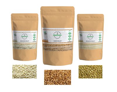 Aranyaka Millets Grain 1Kg Unpolished Combo Pack of 3 [Kodo, Barnyard and Browntop Millet]| Natural Farm Produce, Gluten Free, High Protein & Fibre Rich| Low GI-Diabetic Friendly (3 Kg Total)