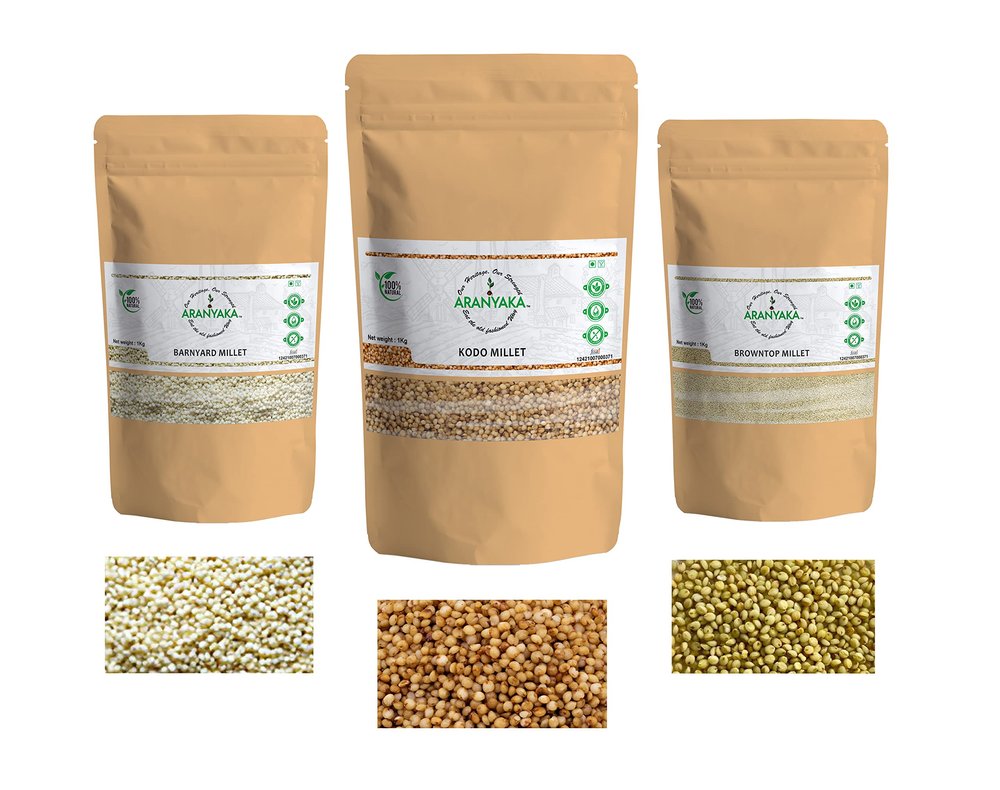 Aranyaka Millets Grain 1Kg Unpolished Combo Pack of 3 [Kodo, Barnyard and Browntop Millet]| Natural Farm Produce, Gluten Free, High Protein & Fibre Rich| Low GI-Diabetic Friendly (3 Kg Total)