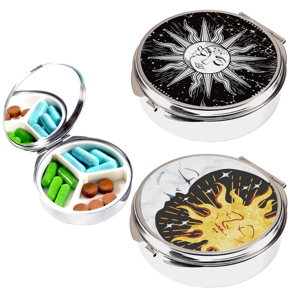 2pcs Round Pill Box,3 Compartment Small Pill Case for Purse & Pocket, Cute Mini Medicine Organizer Travel PillboxPortable First aid Pill Container