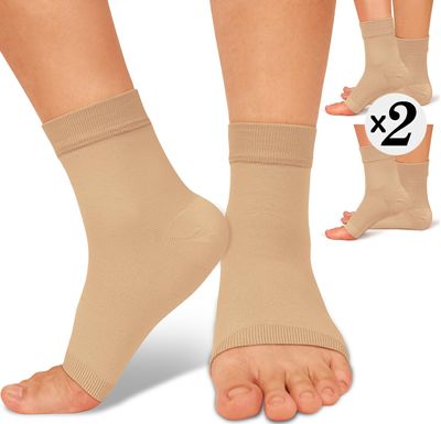 2 Pack Ankle Brace Compression Sleeve 8-15 mmHg Open Toe ompression Socks for Swelling,Plantar Fasciitis,Sprain,Nano Brace for Women Men Beige S/M