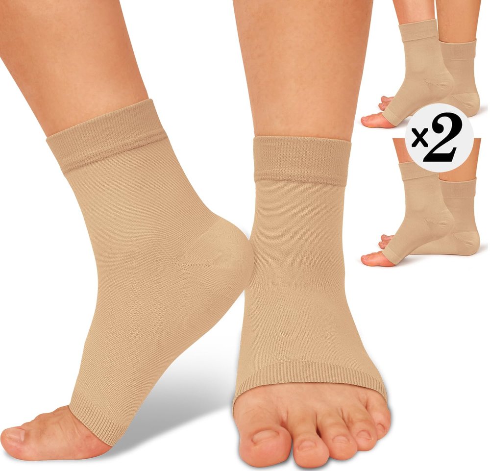 2 Pack Ankle Brace Compression Sleeve 8-15 mmHg Open Toe ompression Socks for Swelling,Plantar Fasciitis,Sprain,Nano Brace for Women Men Beige S/M