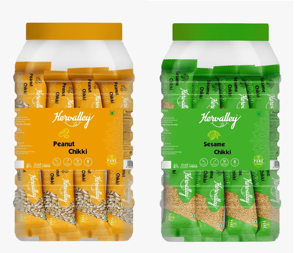 Hervalley Peanut Chikk 50 Pieces of 15g and Sesame Chikki 50 Pieces of 13g JAR No Preservative Colour or Flavours (Two JAR)