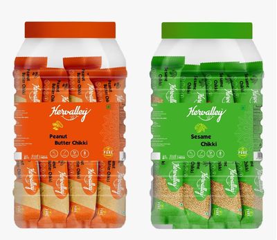 Hervalley Peanut Butter Chikk 50 Pieces of 15g and Sesame Chikki 50 Pieces of 13g JAR No Preservative Colour or Flavours (Two JAR)
