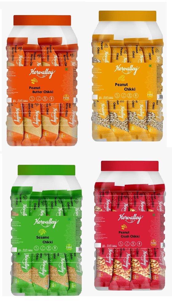 Hervalley Peanut Butter Chikk Hervalley Peanut Chikk Hervalley Peanut Crush Chikk (50 Pieces of 15g) and Hervalley Sesame Chikki 50 Pieces of 13g JAR No Preservative Colour or Flavours (Four JAR)