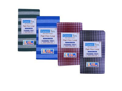 Gowri Tex Premium Cotton Lungi Pack Of 4 (Lungi2.10 SGrn SBlue CRed Black 4)
