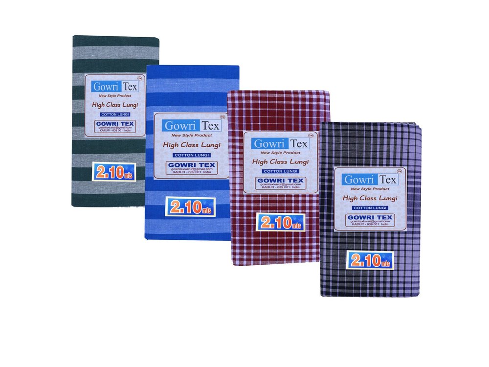 Gowri Tex Premium Cotton Lungi Pack Of 4 (Lungi2.10 SGrn SBlue CRed Black 4)