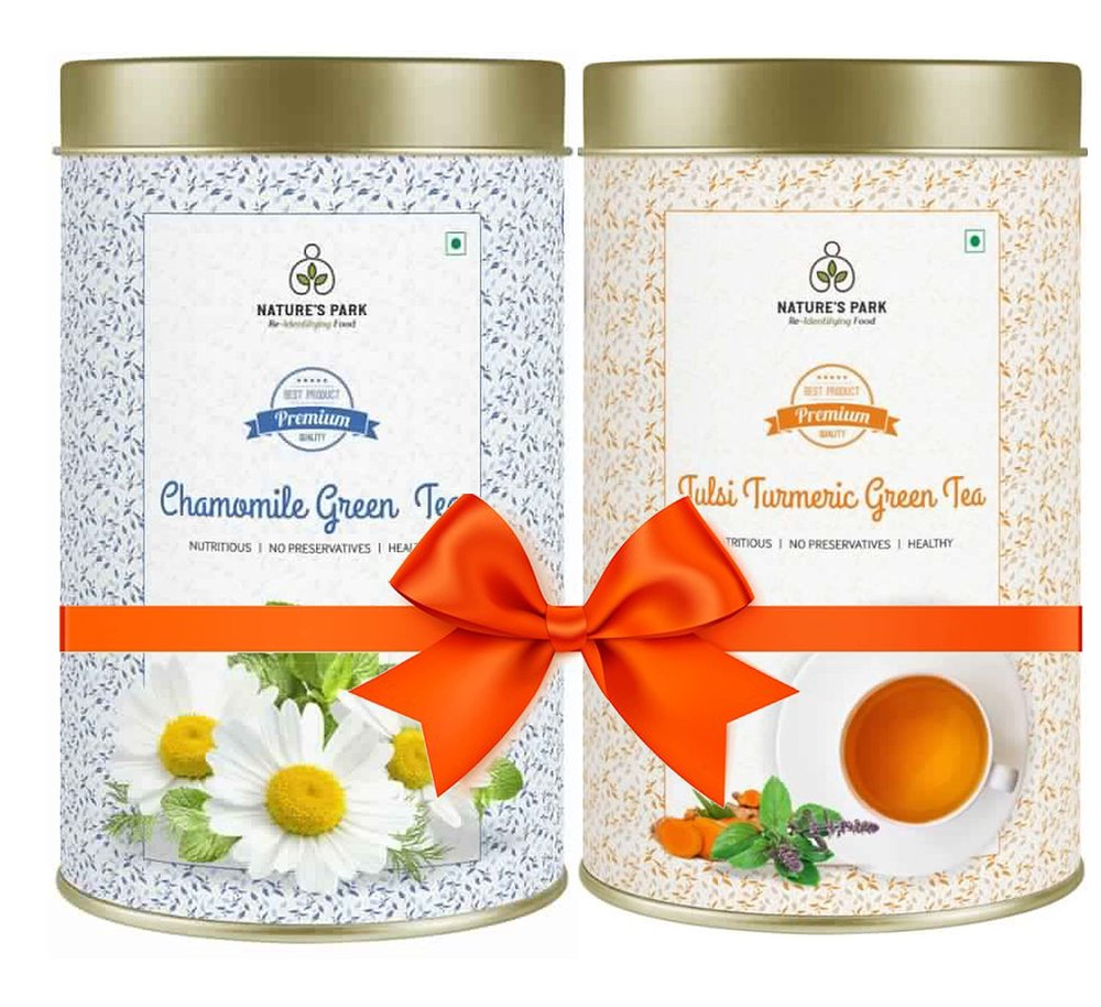 NATURE'S PARK Chamomile Green Tea And Tulsi Turmeric Green Tea Can (2x100) Gram Combo Pack Of 2