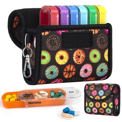 bvya Pill Organizer Case, Weekly Travel Pill Case Medication Reminder Daily AM PM, Day Night 7 Compartments,for 4 Times A Day, 7 Days a Week-Includes Printed Patterns Neoprene Carrying Case