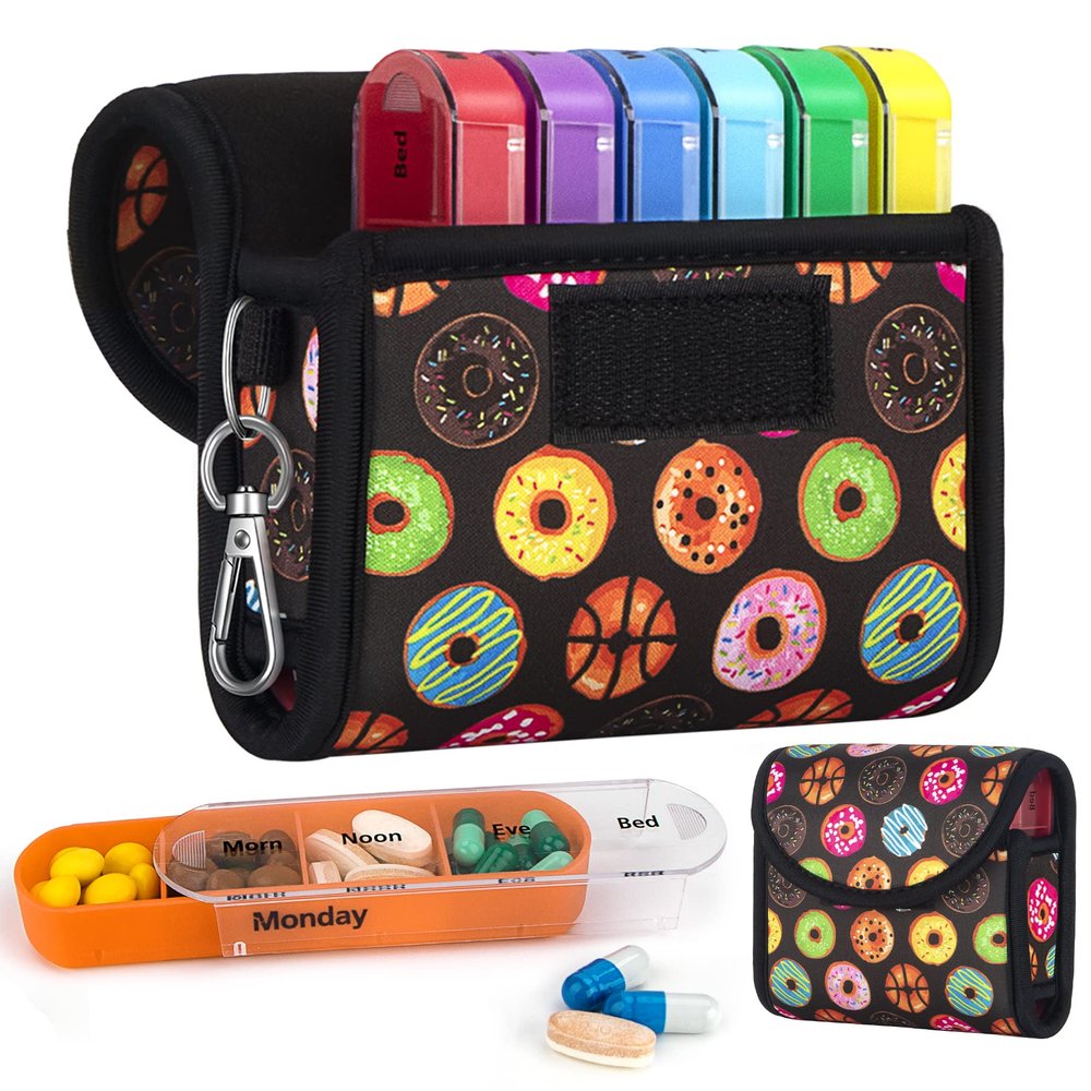 bvya Pill Organizer Case, Weekly Travel Pill Case Medication Reminder Daily AM PM, Day Night 7 Compartments,for 4 Times A Day, 7 Days a Week-Includes Printed Patterns Neoprene Carrying Case