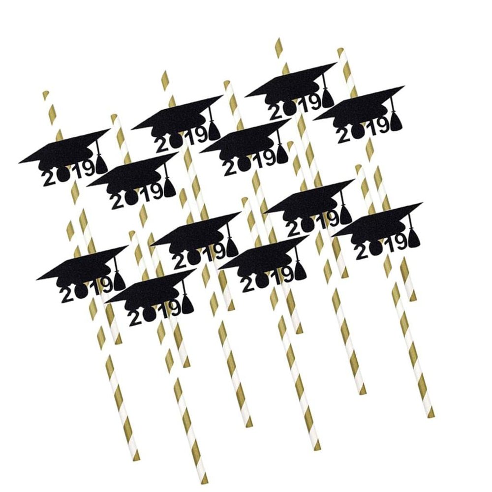 CALANDIS 12pcs Graduation Theme Disposable Drinking Straw Kids Party Tableware C