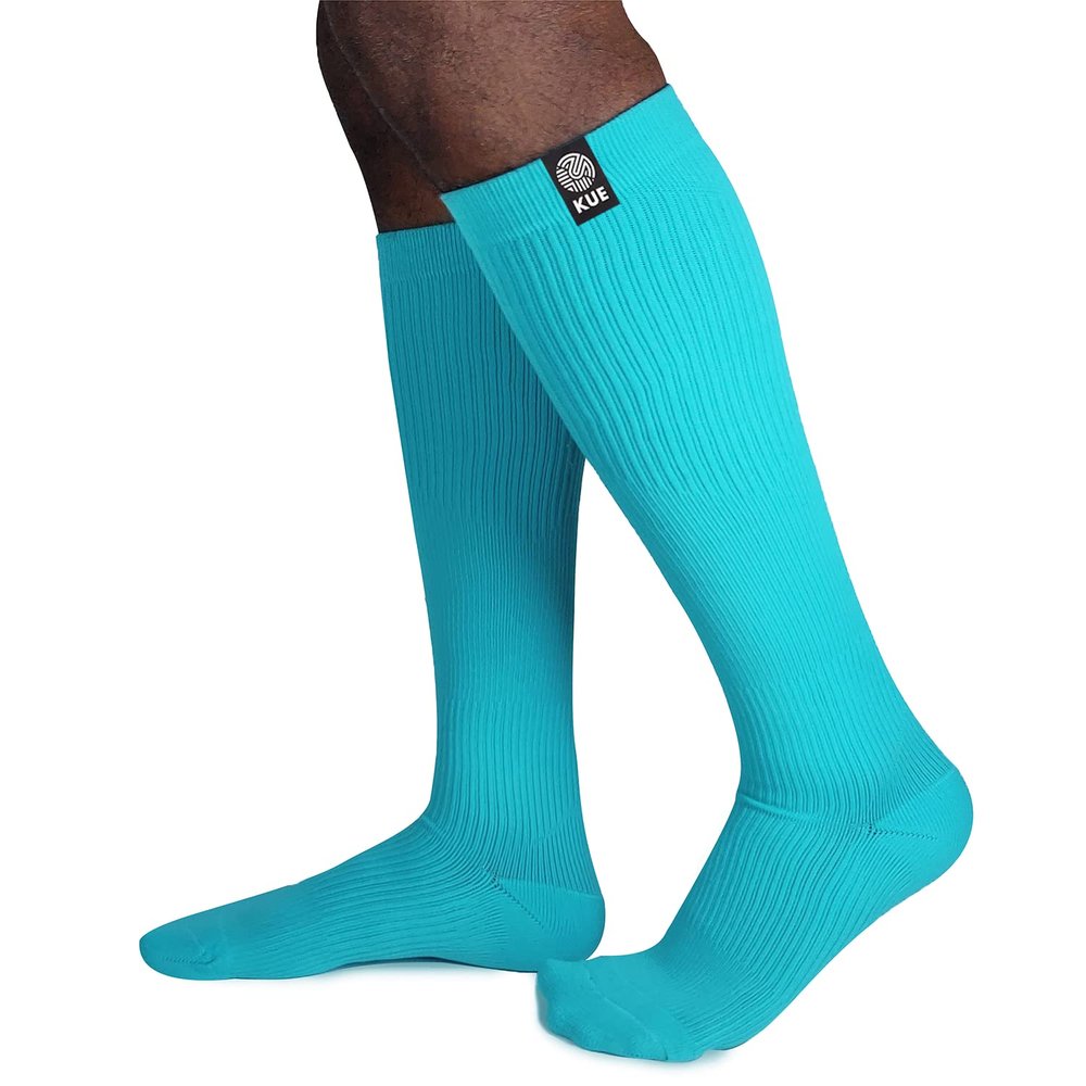 KUE Knee Compression Socks for Unisex, Pain Relief, Boost Stamina, Circulation & Recovery, Perfect for Running, Football, Sports Activity I Moisture Wicking I Ankle and Arch Support I Knee Socks(S/M) (Turquoise, S/M)
