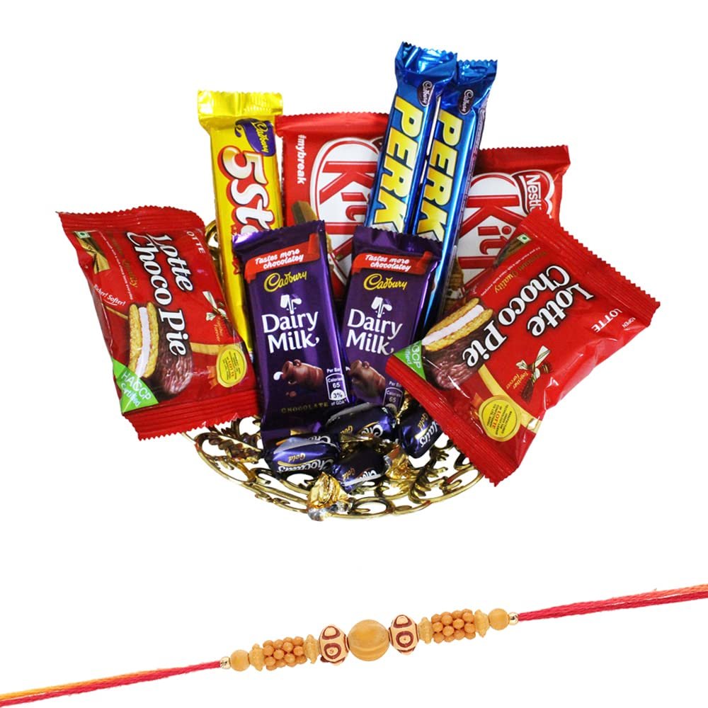 SFU E Com Adorable Gift Tray | Rakhi Chocolate for Brother | Sandalwood Rakhi with Chocolates | Roli, Chawal, Chandan, Misri | 153