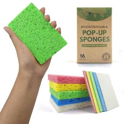 AIRNEX Biodegradable Cellulose Compressed Sponges - Pack of 16 Compostable Kitchen Pop Up Bulk - Non Scratch Multicolor Natural Dish Sponges - Heavy Duty Multipurpose Eco Friendly