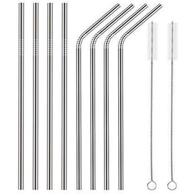 Crystal Zone Stainless Steel Reusable Straw BPA Free Metal, Long, Dishwasher Safe Drinking, 8.5 Inches (4 Bend and 4 Straight and 2 Cleaning Brushes) Reusable SS Straw Set (Pack of 2 Set)
