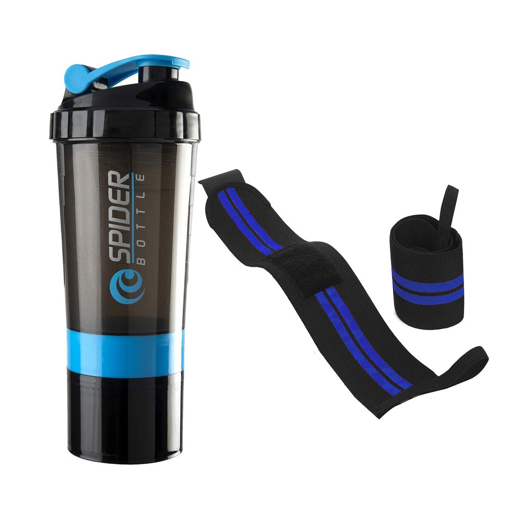 COOL INDIANS Fitness Combo Gym Shaker Bottle with Wrist Band Support Gym & Sports Kit l Weightlifting l Powerlifting l Wrist Band l Gym Shaker l Shaker Bottle l Gym Bottle (500) ML (Blue)