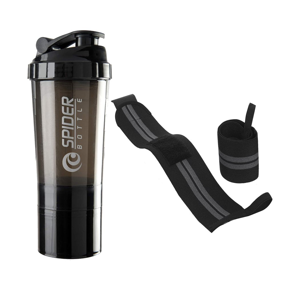 COOL INDIANS Fitness Combo Gym Shaker Bottle with Wrist Band Support Gym & Sports Kit l Weightlifting l Powerlifting l Wrist Band l Gym Shaker l Shaker Bottle l Gym Bottle (500) ML (Black)