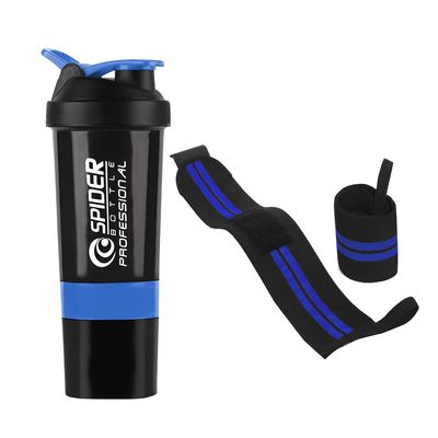 COOL INDIANS Premium Combo of Gym Shaker Bottle with Wrist Support Band Gym & Fitness Kit Weightlifting Power Lifting Wrist Wrap Gym Shaker Bottle Gym Water Bottle (500) ML (Blue)