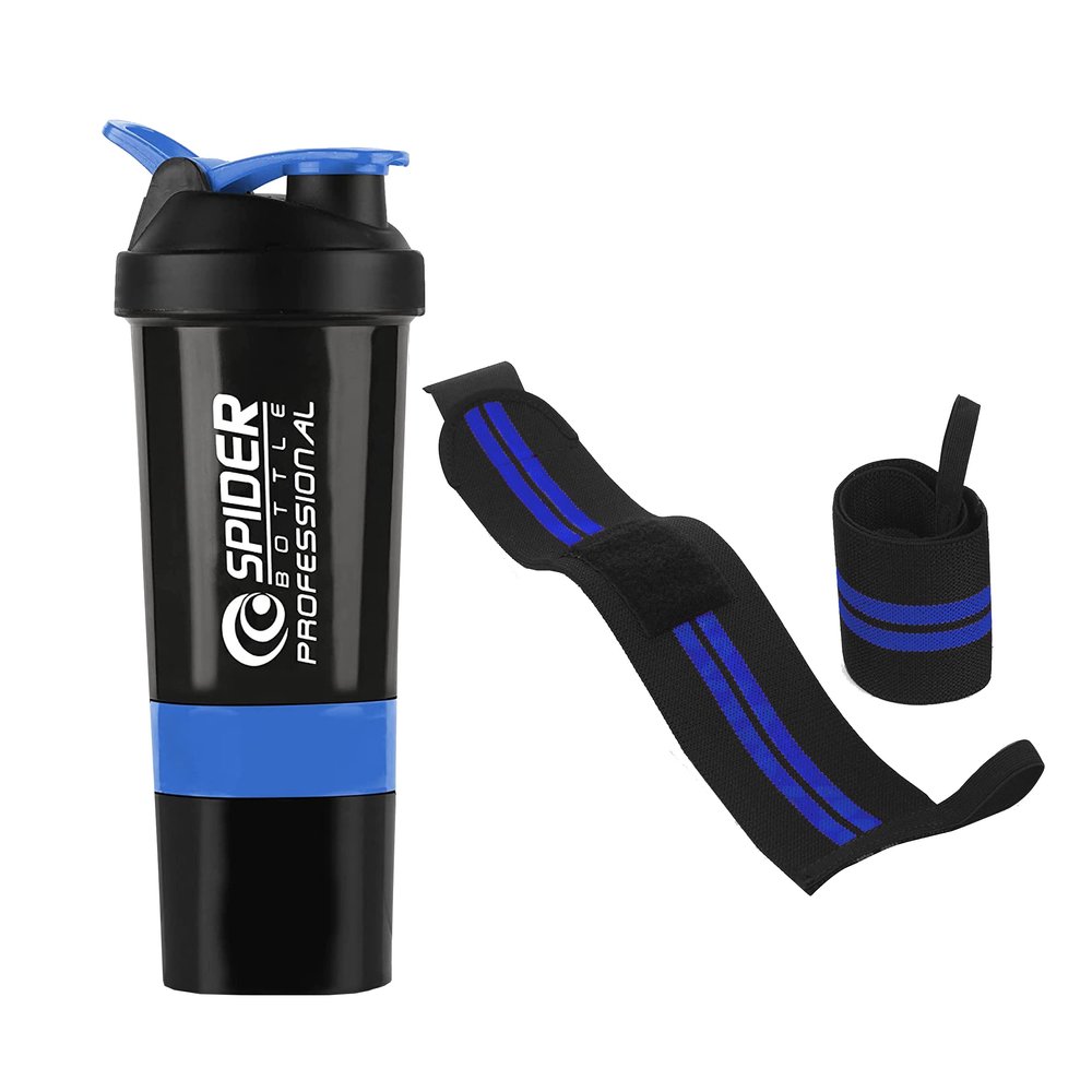 COOL INDIANS Premium Combo of Gym Shaker Bottle with Wrist Support Band Gym & Fitness Kit Weightlifting Power Lifting Wrist Wrap Gym Shaker Bottle Gym Water Bottle (500) ML (Blue)