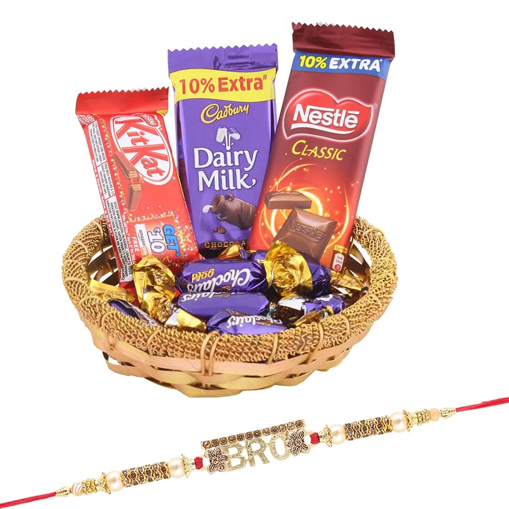 SFU E Com Chocolate Gift Pack Combo | Rakhi Chocolate for Brother | Designer Diamond Bro Rakhi with Chocolates | Roli, Chawal, Chandan, Misri | 288