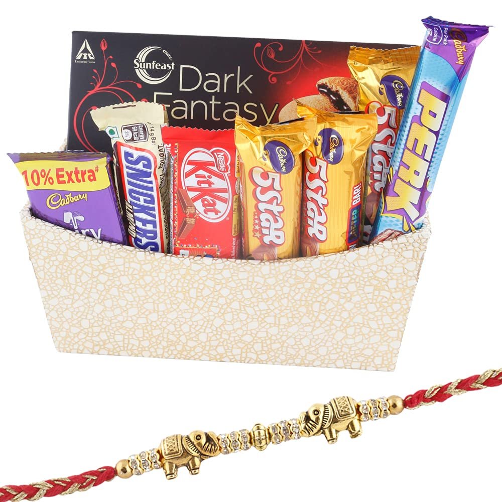 SFU E Com Beautiful Golden Wooden Basket with 6 Pieces Chocolates | Rakhi Chocolate for Brother | Designer Elephant Rakhi with Chocolates | Roli, Chawal, Chandan, Misri | 234