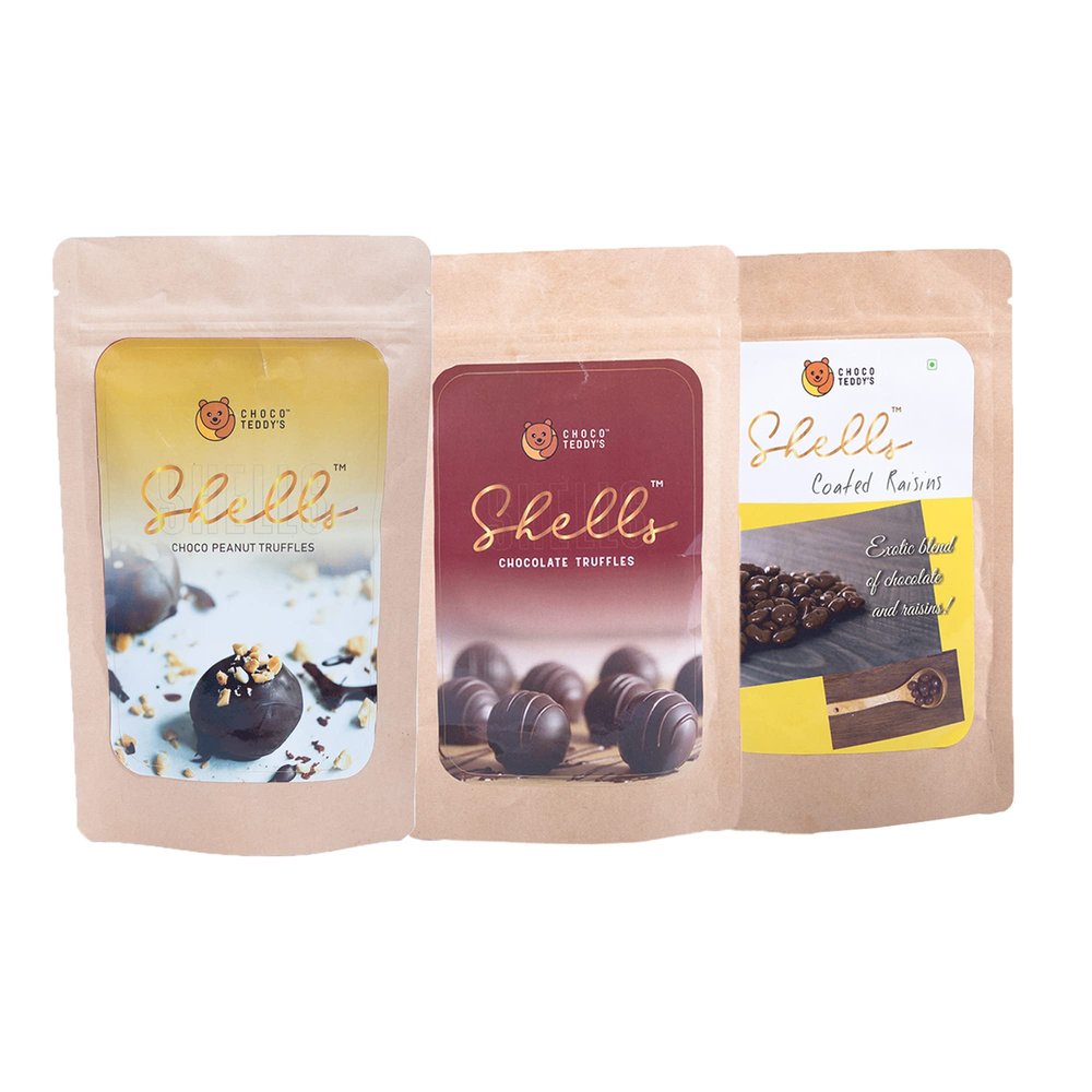 CHOCO TEDDY's Shells Chocolate Truffles (18 Truffles) Pack Of 3-306 Grams (Choco Peanut-Chocolate-Coated Raisins)