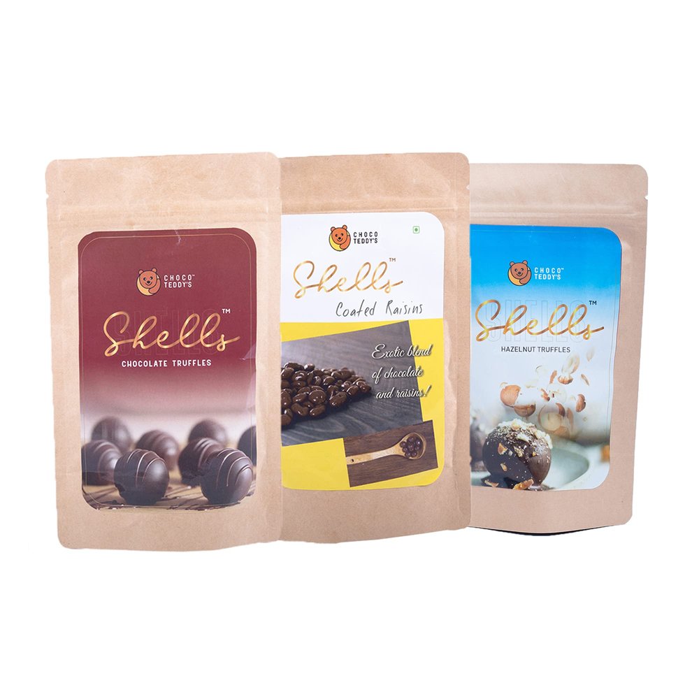 Choco Teddy's Shells Chocolate Truffles (18 Truffles) Pack of 3-306 g (Chocolate-Coated Raisins-Hazelnut)