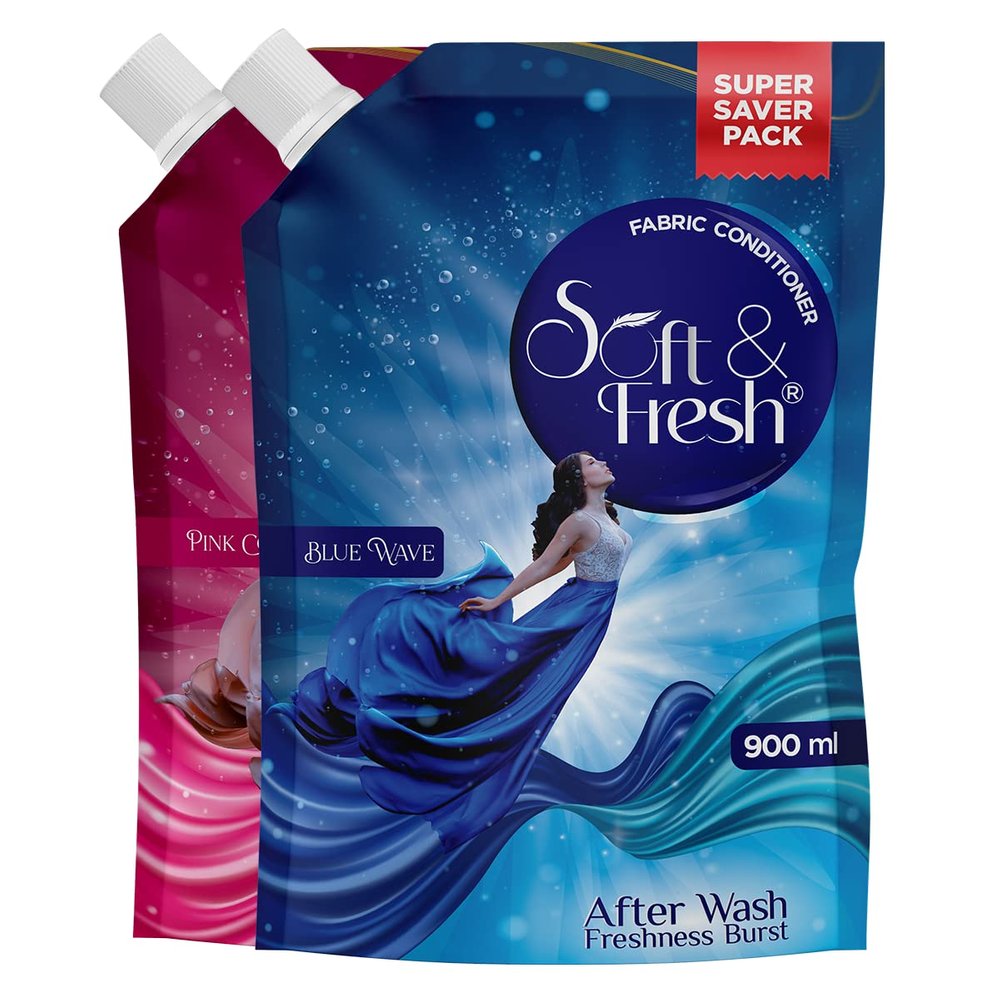 Soft & Fresh combo Pack of Blue Wave & Pink Coral 2X900ml, best Fabric Conditioner softener increase Freshness and softness 900ml refill pouch Pack of 2