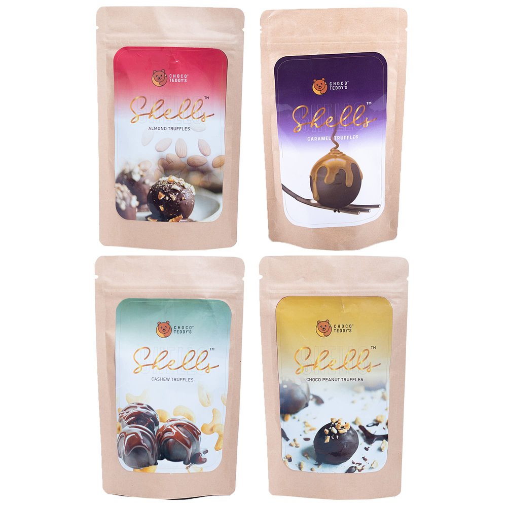 Choco Teddy's Shells Chocolate Truffles (24 Truffles) Pack of 4-408 g (Almond-Caramel-Cashew-Choco Peanut)