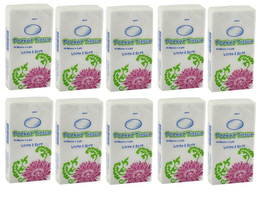 DOMUM Soft Pocket Tissue Packs, Disposable Tissue Paper Packets for Face, Women, Men, Kids, ETC (100 Sheets) - Pack of 10.