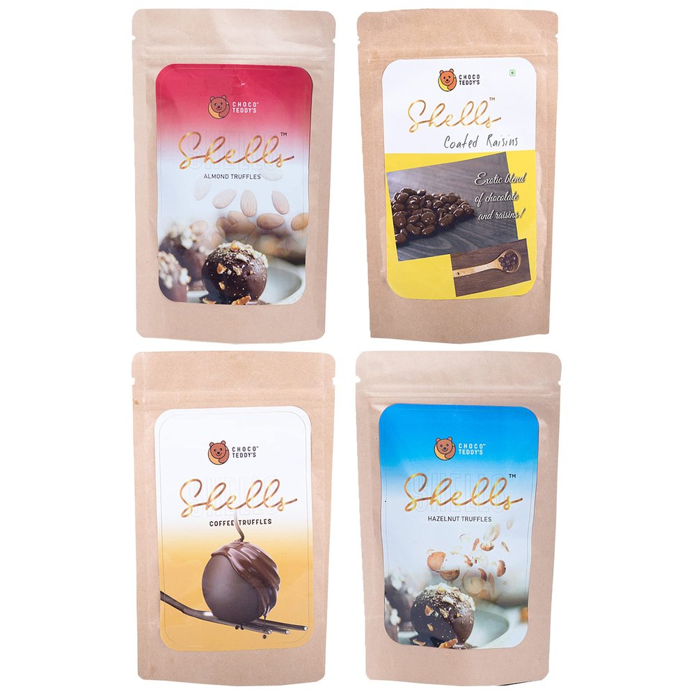 Choco Teddy's Shells Chocolate Truffles (24 Truffles) Pack of 4-408 g (Almond-Coated Raisins-Coffee-Hazelnut)