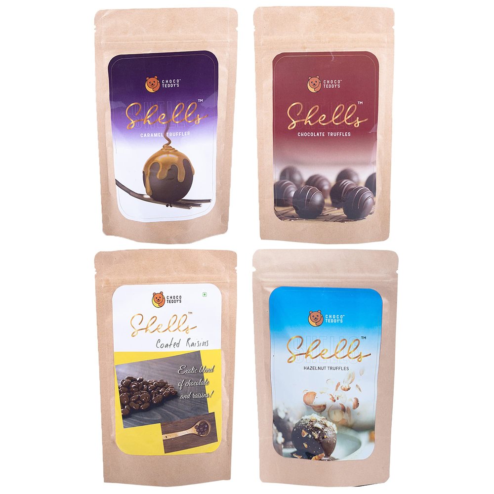 Choco Teddy's Shells Chocolate Truffles (24 Truffles) Pack of 4-408 g (Caramel-Chocolate-Coated Raisins-Hazelnut)