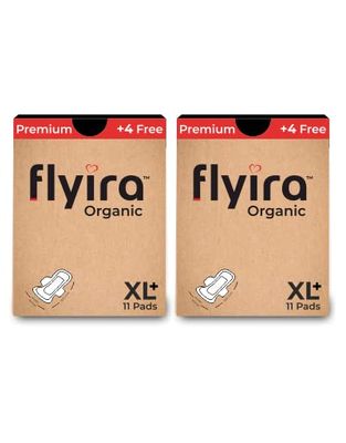 Flyira Premium Organic Sanitary Pads-XXL, 22 Pads Pack Of 2 | 100% Pure Organic Cotton, Rash Free Cottony Soft 320 MM Pads | Free Bio-Degradable Bags Inside Every Box