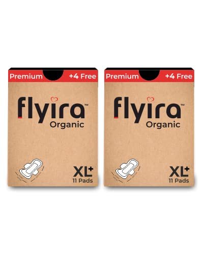 Flyira Premium Organic Sanitary Pads-XXL, 22 Pads Pack Of 2 | 100% Pure Organic Cotton, Rash Free Cottony Soft 320 MM Pads | Free Bio-Degradable Bags Inside Every Box
