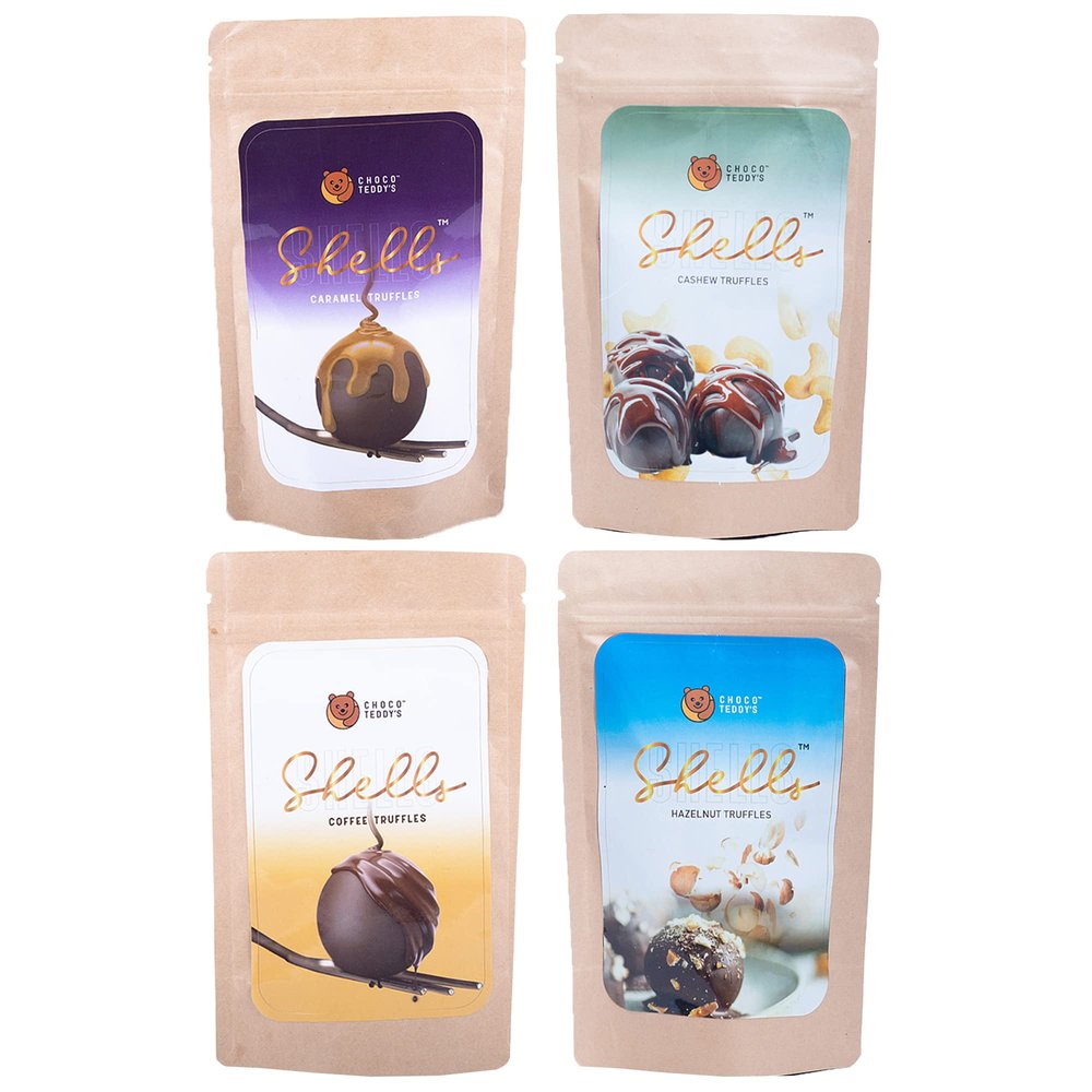 Choco Teddy's Shells Chocolate Truffles (24 Truffles) Pack of 4-408 g (Caramel-Cashew-Coffee-Hazelnut)
