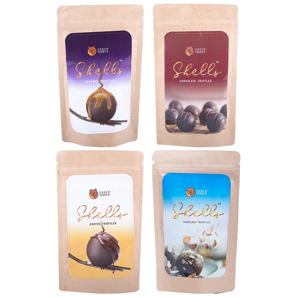 Choco Teddy's Shells Chocolate Truffles (24 Truffles) Pack of 4-408 g (Caramel-Chocolate-Coffee-Hazelnut)