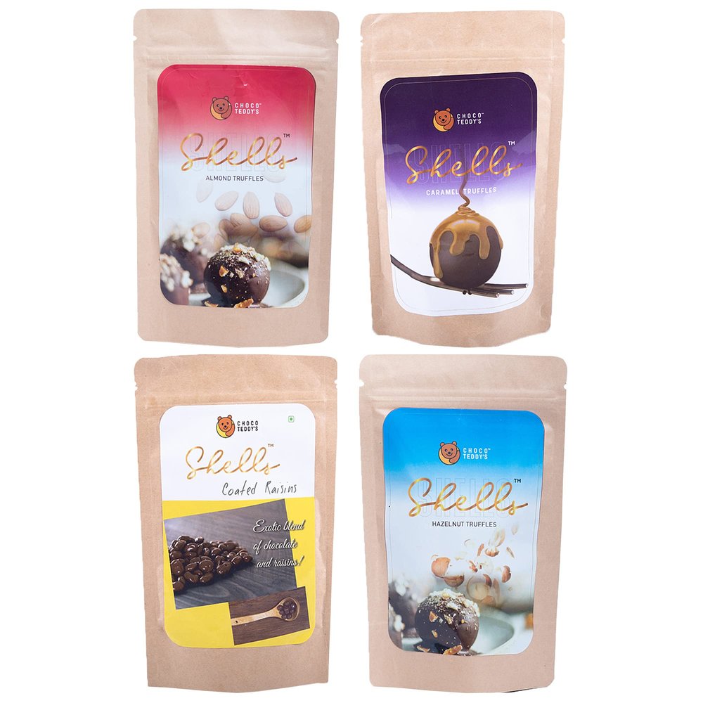 Choco Teddy's Shells Chocolate Truffles (24 Truffles) Pack of 4-408 g (Almond-Caramel-Coated Raisins-Hazelnut)