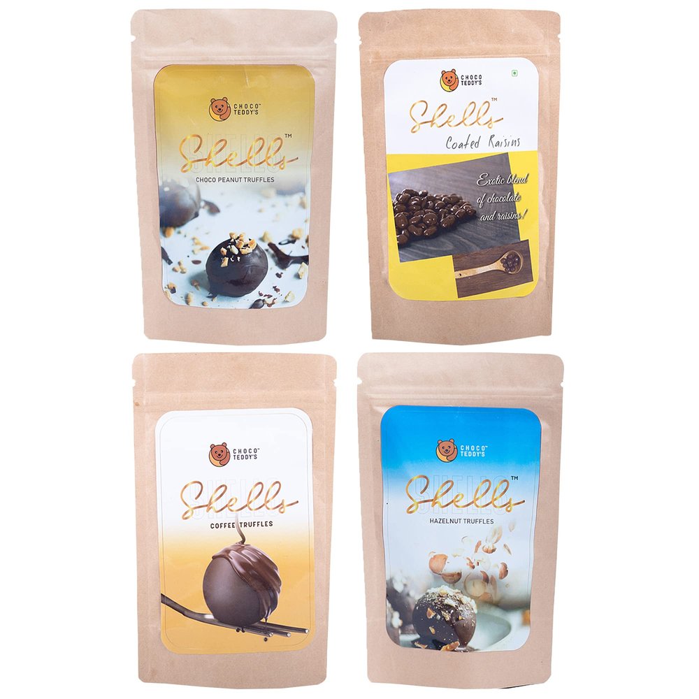 Choco Teddy's Shells Chocolate Truffles (24 Truffles) Pack of 4-408 g (Choco Peanut-Coated Raisins-Coffee-Hazelnut)