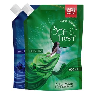 Soft & Fresh combo Pack of Green Jade & Blue Wave 2X900ml, best fabric conditioner softener increase freshness and softness 900ml refill pouch Pack of 2