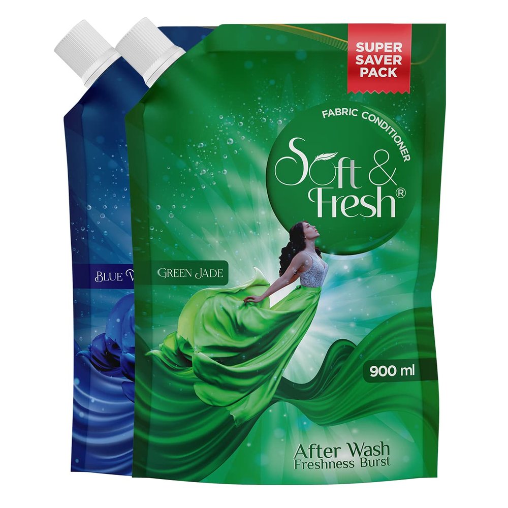 Soft & Fresh combo Pack of Green Jade & Blue Wave 2X900ml, best fabric conditioner softener increase freshness and softness 900ml refill pouch Pack of 2