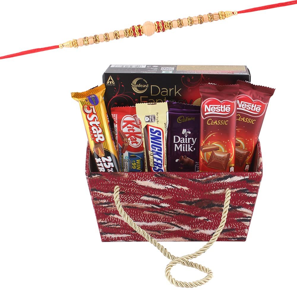 SFU E Com Almond Chocolates with Creamy Coockie Biscuits | Rakhi Chocolate for Brother | Designer Sandalwood Rakhi with Chocolates | Roli, Chawal, Chandan, Misri | 796