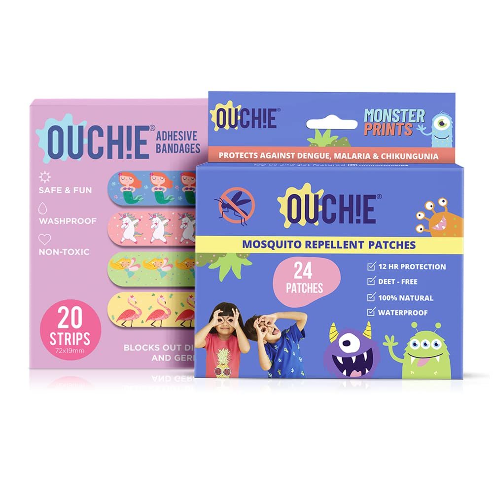 Aya Papaya Ouchie Monster Print Mosquito Repellent Patches (24 Patches) & Ouchie Non-Toxic Printed Bandages - Lavender (20 Strips)