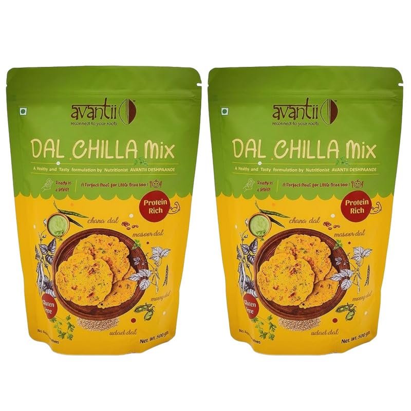 Avantii Mixed Dal Chilla/Protein Dosa Mix Moong, lentil, Black Gram Dal, Protein rich, Formulated by a Nutritionist Instant Breakfast and Snacks 500g x 2 1KG Pack of 2